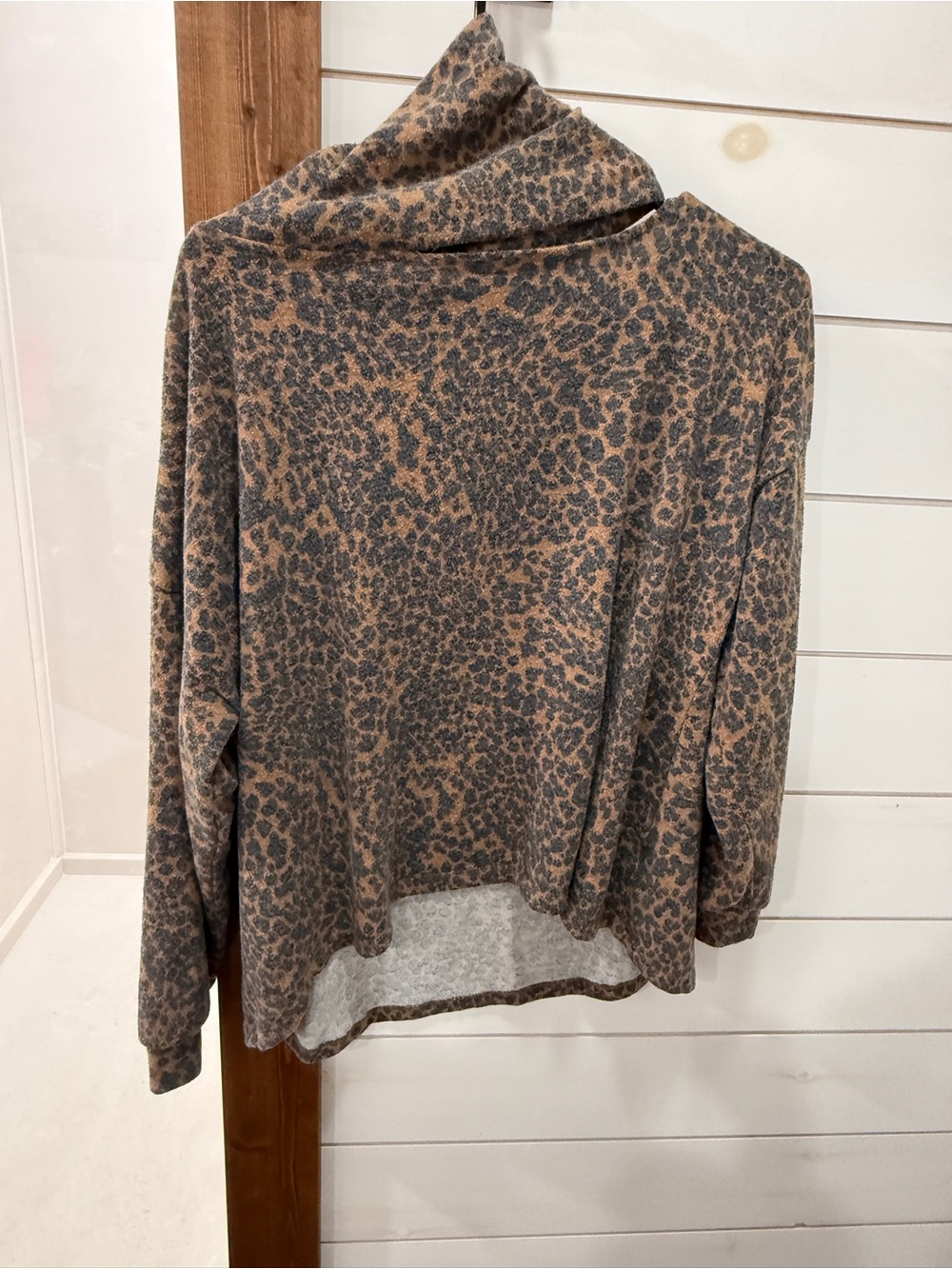 Terra & Sky Leopard Print Cowl Neck Sweater in Taupe and Charcoal